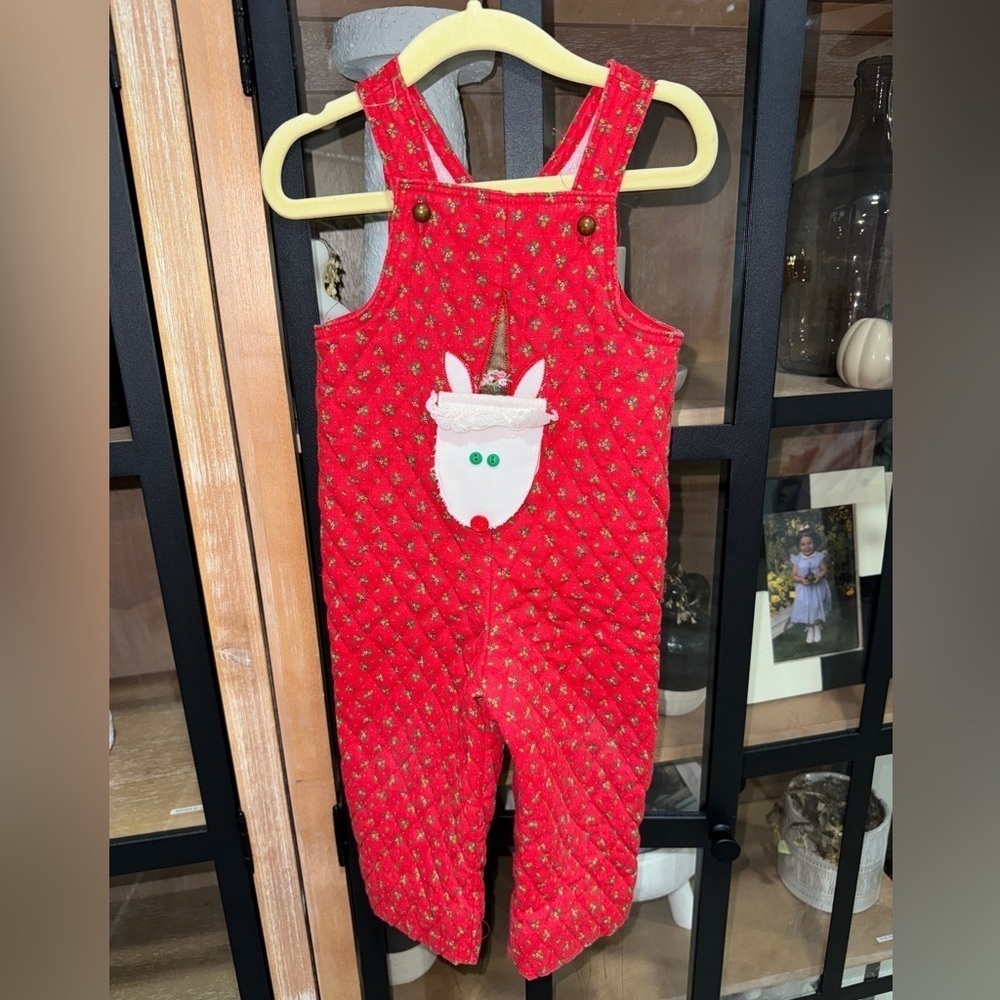 1980s Vintage unicorn quilted overalls appliqué Ruth Scharf USA Floral toddler